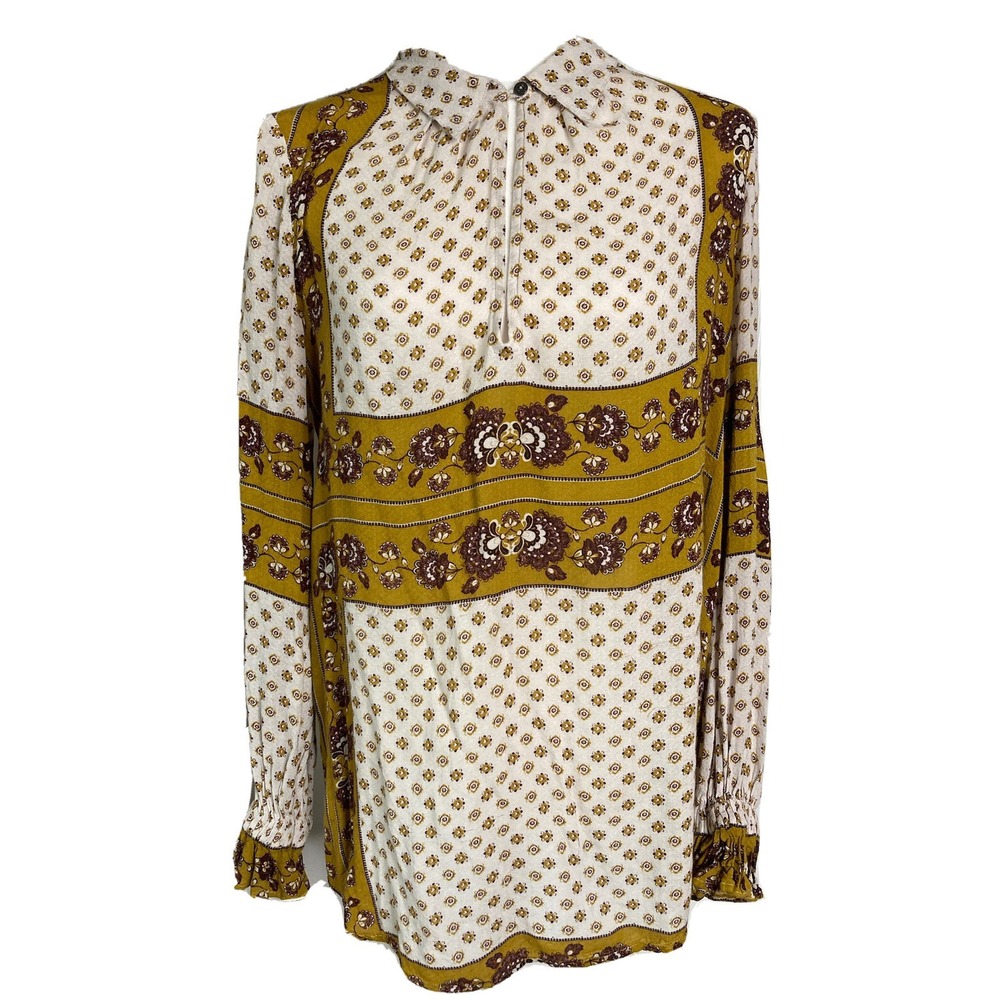 Free People Womens Small Tunic Top Mustard Yellow Burgundy Floral Collar Boho